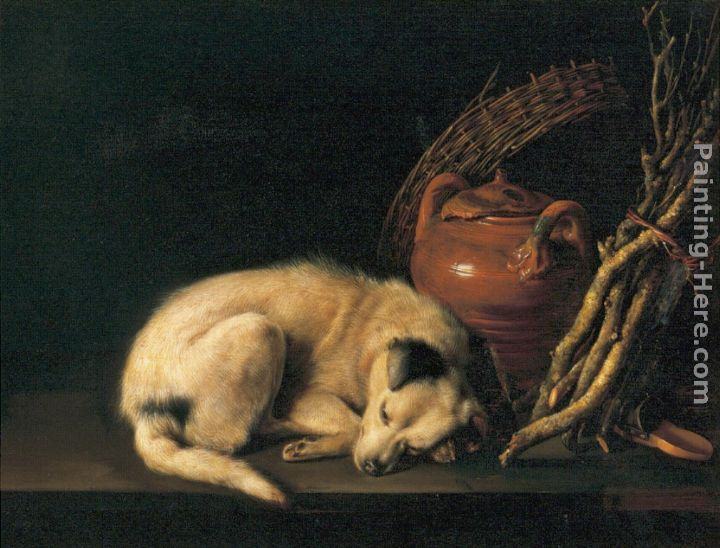 Gerrit Dou Sleeping Dog with Terracotta Jug, Basket and Kindling Wood